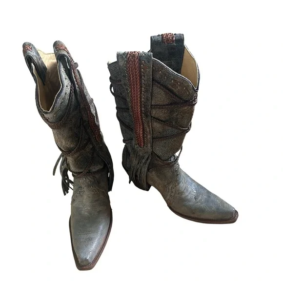 Corral Distressed Gray-Brown Leather Fringe Western Heeled Boots - Picture 12 of 13